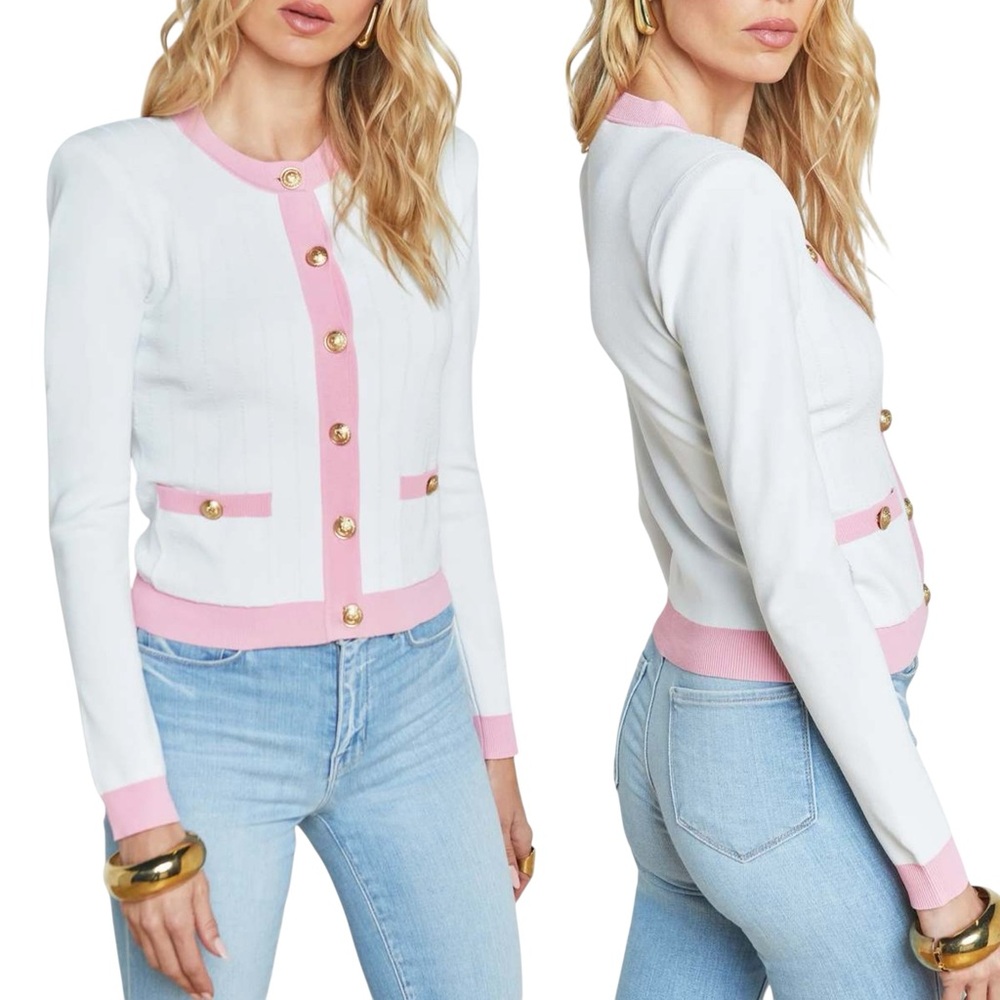 $485 L'Agence Leon Crew Neck Cardigan Sweater White & Cotton Candy Large NWT